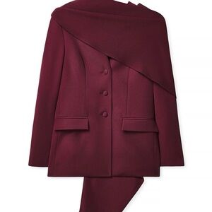 Elegant Burgundy Blazer with Asymmetrical Scarf